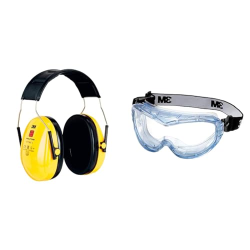 Peltor 3M Optime I Kapselgehörschutz mit Kopfbügel, gelb & 3M Vollsichtschutzbrille Fahrenheit FheitAF von Peltor