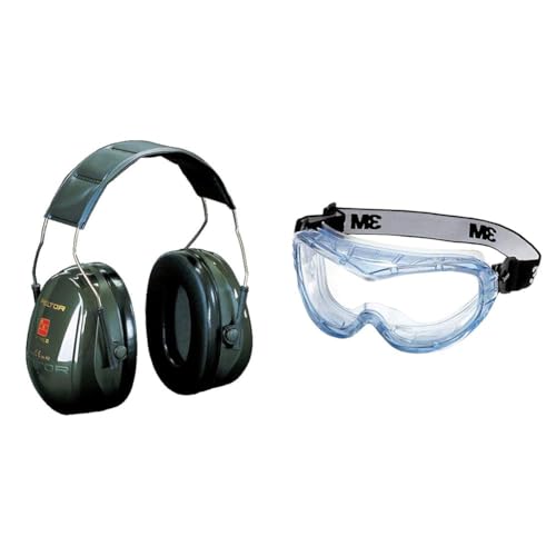 Peltor 3M Optime II Kapselgehörschutz, grün & 3M Vollsichtschutzbrille Fahrenheit FheitAF – Schutzbrille mit AS, AF & UV Beschichtung – Ideal für das Tragen mit Atemschutzmasken oder Brillen von Peltor