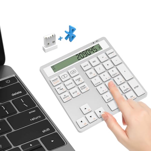 Penbinmall Bluetooth Numpad mit Taschenrechner Berechnung - Dual-Modus Ziffernblock Bluetooth + 2,4G USB Adapter mit Berechnung, 34 Tasten Kabellos Nummernblock für PC, Mac, Laptop, Desktop (Weiß) von Penbinmall
