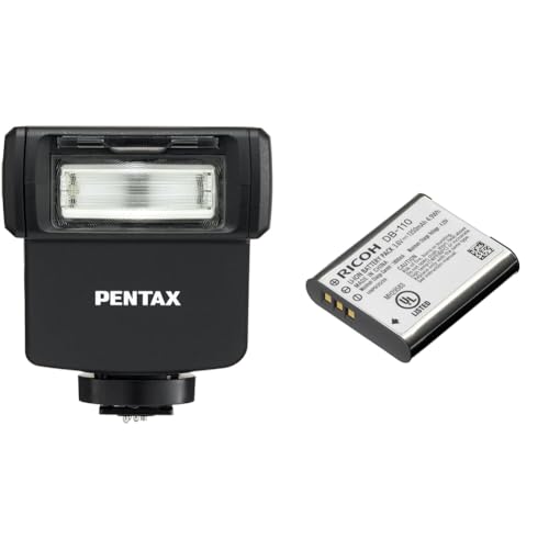 Pentax AF201FG Blitzgerät (Geringe Gehäuseabmessung, Leitzahl 20, Staub- und wetterfest, vertikal schwenbarer Reflektor) für Pentax K- und Q-System schwarz & Ricoh Imaging DB-110 Kamera-Akkus von Pentax