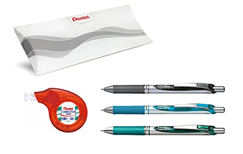 PENTEL - Schulmaterial, 3 nachfüllbare Kugelschreiber für weiches Schreiben, verschiedene Farben (schwarz, blau, grün) + Korrekturband zur seitlichen Anwendung, Packung zur Schule von Pentel