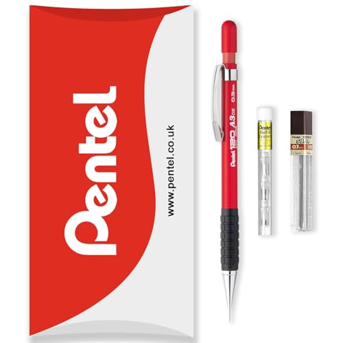 Pentel 120 Series Automatischer Druckbleistift A313 + 12 HB-Minen + Tube Radiergummi-Nachfüllminen – in Kissenverpackung – 0,3 mm – Rot Pentel 120 Series Automatischer Druckbleistift A313 + 12 HB-Minen + Tube Radiergummi-Nachfüllminen – in Kissenverpackung – 0,3 mm – Rot von Pentel