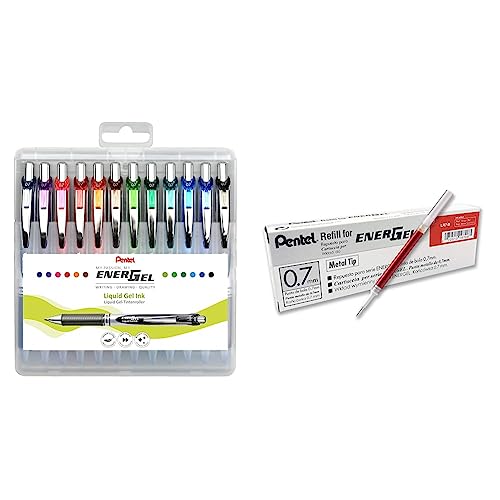 Pentel BL77-12 EnerGel Gel-Tintenroller mit Druckmechanik, 0,7 mm Kugeldurchmesser = 0,35 mm Strichstärke, Inhalt 12 Stück & LR7-BX Nachfüllmine für EnerGel-Stifte 0,7 mm Kugelspitze, rot, 12 Stück von Pentel