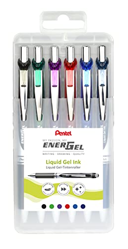 Pentel BL77-6 EnerGel Gel-Tintenroller mit Druckmechanik, 0,7 mm Kugeldurchmesser = 0,35 mm Strichstärke, nachfüllbar, aufstellbare Kunststoff-Box, Inhalt 6 Stück, farblich sortiert, 12 Farben von Pentel