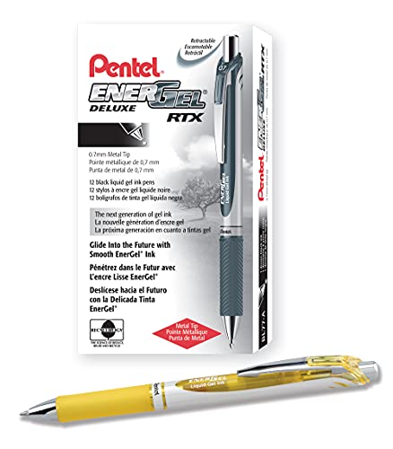 Pentel BL77-GX EnerGel Gel-Tintenroller mit Druckmechanik, 0,7 mm Kugeldurchmesser = 0,35 mm Strichstärke, nachfüllbar, 12 Stück, gelb von Pentel