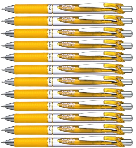 Pentel BL77-GX EnerGel Gel-Tintenroller mit Druckmechanik, 0,7 mm Kugeldurchmesser = 0,35 mm Strichstärke, nachfüllbar, 12 Stück, gelb von Pentel