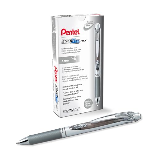 Pentel BL77-NX EnerGel Gel-Tintenroller mit Druckmechanik, 0,7 mm Kugeldurchmesser = 0,35 mm Strichstärke, nachfüllbar, 12 Stück, grau von Pentel