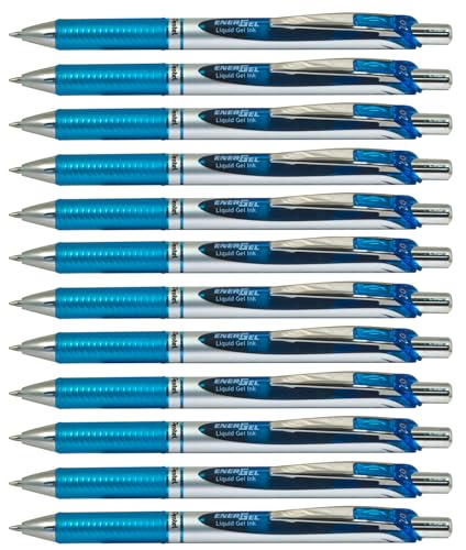 Pentel BL77-SX EnerGel Gel-Tintenroller mit Druckmechanik, 0,7 mm Kugeldurchmesser = 0,35 mm Strichstärke, nachfüllbar, 12 Stück, hellblau von Pentel