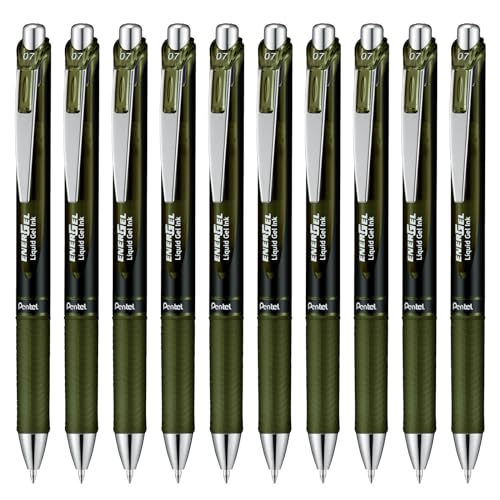 Pentel BL77A2-KA EnerGel Gel-Tintenroller mit Druckmechanik, 0,7 mm Kugeldurchmesser = 0,35 mm Strichstärke, nachfüllbar, 10 Stück, olive-schwarz von Pentel