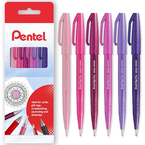 Pentel Brush Sign Pen SES15C Pinselspitze, Faserspitze, Blütentöne, 6 Stück, in Geschenkbox von Pentel