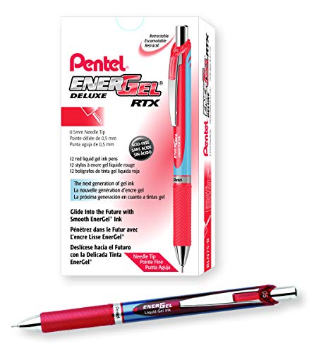 Pentel EnerGel RTX Gelschreiber, einziehbar, feine Spitze, Nadelspitze, rote Tinte, 12 Stück (BLN75-B) von Pentel