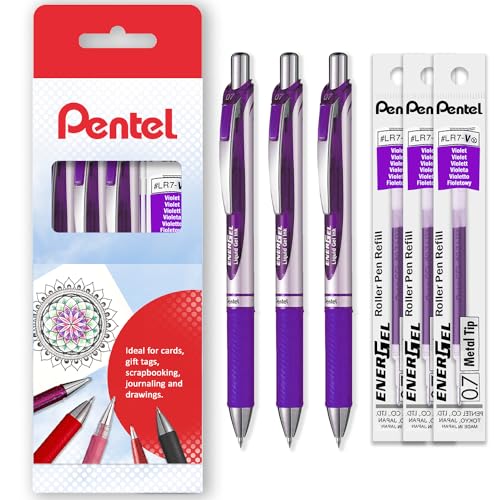 Pentel EnerGel XM BL77 – einziehbarer Flüssiggel-Tintenstift – 0,7 mm – 54 % recycelt – Kartonetui mit 3 Stiften + 3 Ersatzminen (Violett) von Pentel