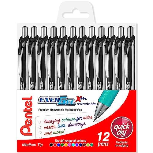 Pentel EnerGel XM BL77 – einziehbarer Flüssiggelschreiber – 0,7 mm – 54 % recycelt – schwarze Tinte – Packung mit 12 Stück im Etui von Pentel