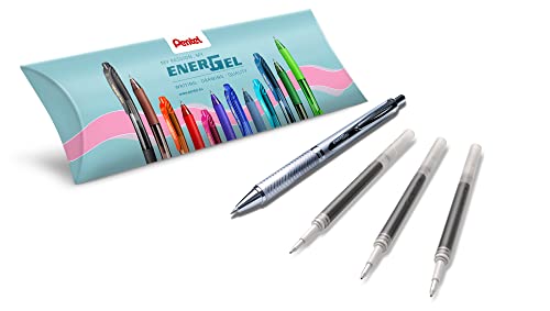 Pentel Energel Sterling BL407, einziehbarer Gel-Tintenroller, mittlere Spitze, 0,7 mm, Metallgehäuse, schwarze Tinte, 1 Stift + 3 LR7-Minen von Pentel