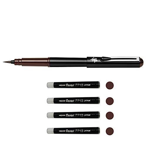 Pentel GFKPN Pocket Brush Pinselstift Pigmenttinte für Kalligraphie, Skizzieren, Sepia Zeichnungen + 4 Patronen von Pentel