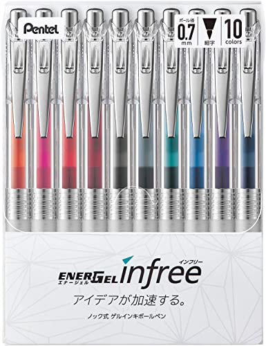 Pentel Gel-Tinten-Kugelschreiber, einziehbar, EnerGel, unfrei, feine Spitze, 0,7 mm, 10 Farben von Pentel