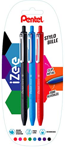 Pentel IZee Kugelschreiber, einziehbar, mit Metallclip Blister de 3 Schwarz/Himmelblau/Rot von Pentel