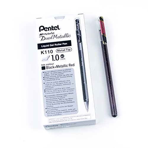 Pentel K110-DAX Dual Metallic Hybrid Dual Metallic Gelroller, Glitzer Gel, 12er Pack, schwarz/rot 2 verschiedene Farb-Effekte auf hellem/dunklem Papier schwarz+metallic rot von Pentel