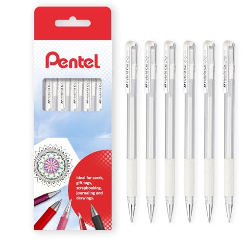 Pentel K118 Hybrid-Gel-Metallic-Tintenstift, 0,8 mm Spitze, mit Gummigriff, weiße Tinte, 6 Stück von Pentel