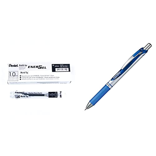 Pentel LR10-A Nachfüllmine für EnerGel-Stifte, Strichstärke 1,0 mm, 12 Stück, schwarz & BL77-CO EnerGel Gel-Tintenroller mit Druckmechanik, 0,7 mm Kugeldurchmesser = 0,35 mm Strichstärke, blau von Pentel