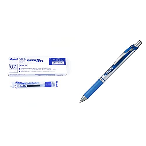 Pentel LR7-CX Nachfüllmine für EnerGel-Stifte, 0,7 mm Kugelspitze, blau, 12 Stück & BL77-CO EnerGel Gel-Tintenroller mit Druckmechanik, 0,7 mm Kugeldurchmesser = 0,35 mm Strichstärke, 1 Stück, blau von Pentel