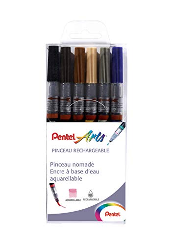 Pentel Malpinsel, nachfüllbar, Schwarz/Grau/Sepia/Braun/Orange/Stahlblau, 6 Stück von Pentel