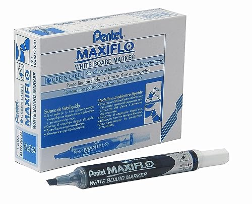 Pentel Maxiflo Marker, trocken abwischbar, schmal, Keilspitze, Blau, 12 Stück von Pentel