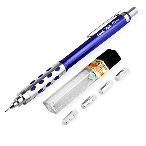 Pentel P365 Druckbleistift, automatisch, 0,5 mm, blauer Schaft, Einzelbleistift + 12 HB Super Minen + 4 Radiergummi-Nachfüller von Pentel