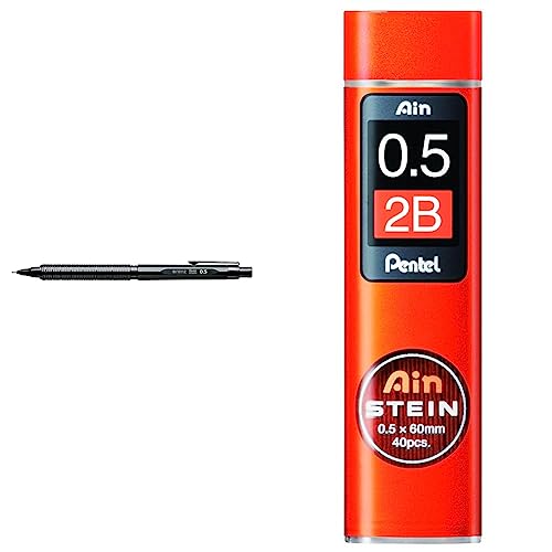 Pentel PP3005-A ORENZNERO Druckbleistift mit automatischem Minenvorschub, bruchsichere Mine, schwarzes Metallgehäuse, 0,5mm & C275-2BO AIN STEIN Feinmine, 0.5 mm, Härtegrad 2B oder 40 Minen von Pentel