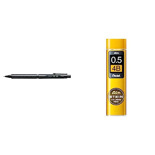 Pentel PP3005-A ORENZNERO Druckbleistift mit automatischem Minenvorschub, bruchsichere Mine, schwarzes Metallgehäuse, 0,5mm & C275-4BO AIN STEIN Feinmine, 0.5 mm, Härtegrad 4B oder 40 Minen von Pentel