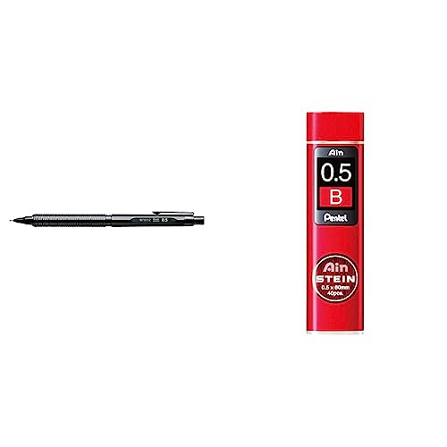 Pentel PP3005-A ORENZNERO Druckbleistift mit automatischem Minenvorschub, bruchsichere Mine, schwarzes Metallgehäuse, 0,5mm & C275-BO AIN STEIN Feinmine, 0.5 mm, Härtegrad B, 40 Minen von Pentel