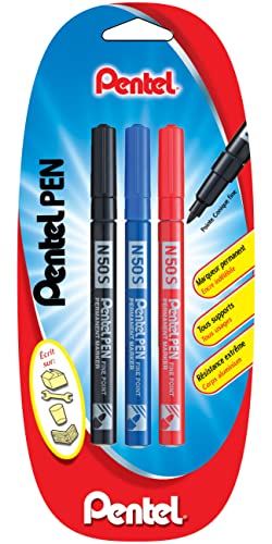 Pentel Pen N50S Permanentmarker, feine Spitze, 3 Stück, 1 x Schwarz, 1 x Blau, 1 x Rot von Pentel