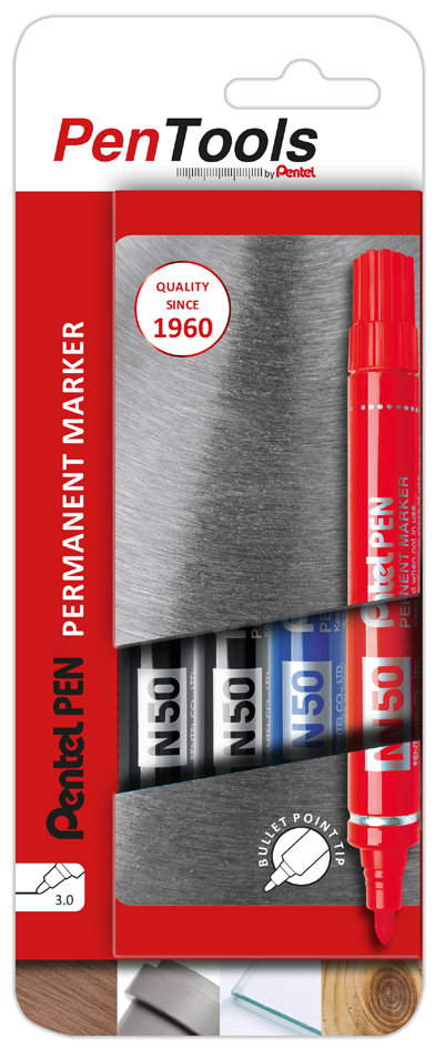 Pentel Permanent-Marker N50, Rundspitze, 4er Etui, sortiert von Pentel