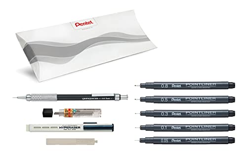 Pentel - Permanente Filzstifte in allen Größen mit schwarzer Tinte + Druckbleistift 0,5 Professioneller Druckbleistift für technische Zeichnung + Minen + Klick-Eraser + Ersatzgummi, Schulmaterial von Pentel