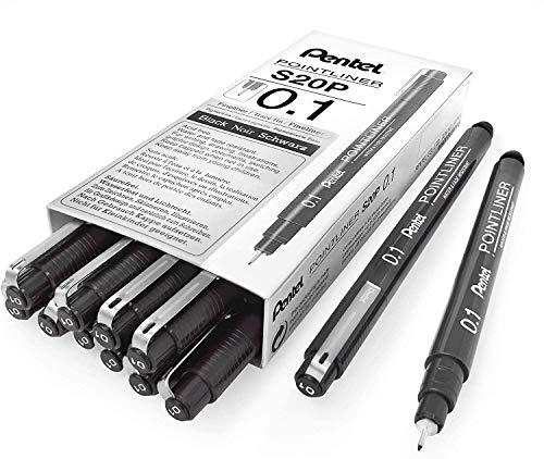 Pentel Pointliner S20P-1A, Fineliner, schwarz, wasserfest und lichtecht, 0,1 mm, 12 Stück von Pentel