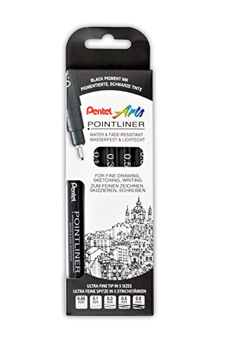 Pentel Pointliner S20P-5, 5er Set Fineliner, schwarz, wasserfest und lichtecht, 0,05 - 0,8 mm von Pentel