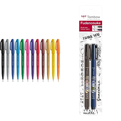 Pentel SES15C Brush Sign Pen Marker Flexible Spitze 12 Farben ass.ti & Tombow WS-BHS-2P Brush Pen Fudenosuke je 1 x mit Harter und weicher Spitze von Pentel