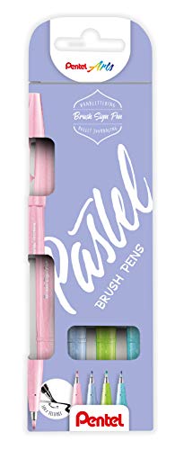 Pentel SES15P-4 Brush Sign Pen Pastel Colors Set, Faserschreiber, pinselähnliche Spitze, 4 Stück, farblich sortiert von Pentel