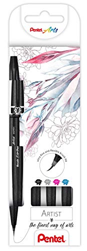 Pentel SESF30C-4 Brush Sign Pen Artist - Pinselstift mit extra feiner Pinsel-Spitze, 4er Set, sortiert, Schwarz, Grau, Pink, Hellblau von Pentel