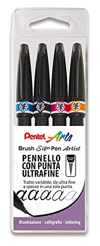 Pentel SESF30C Pinselstift, Pinselspitze, extra feine Tasche, 4 Stück (schwarz) Assortiti 1 von Pentel