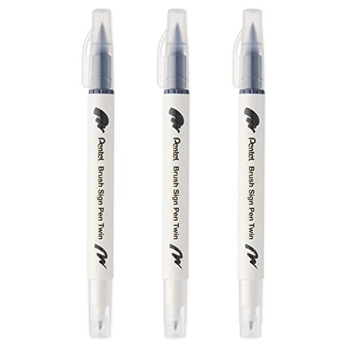 Pentel SESW30C-T112E Brush Sign Pen Twin Fibre Tip Pen - Double Ended - Tinte auf Wasserbasis - 3 Stück - Hellgrau von Pentel