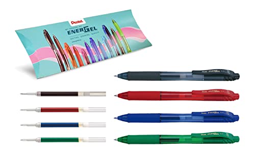 Pentel - Schulmaterial, 4 Gel-Stifte für weiches Schreiben in verschiedenen Farben (Blau, Schwarz, Grün und Rot) + Energel-Nachfüllungen, Schule Pack von Pentel