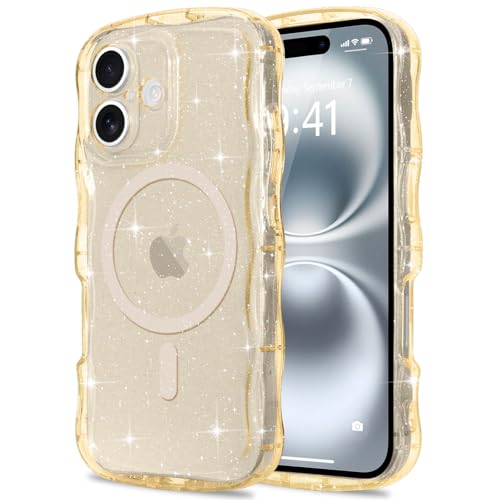 Pepmune Glitzer Handyhülle für iPhone 16 Hülle Kompatibel mit MagSafe Transparent Wellenform Silikon Case Wellen Design TPU Bumper Stoßfest Schutzhülle für Frauen und Mädchen für iPhone 16 Gold Pepmune Glitzer Handyhülle für iPhone 16 Hülle Kompatibel mit MagSafe Transparent Wellenform Silikon Case Wellen Design TPU Bumper Stoßfest Schutzhülle für Frauen und Mädchen für iPhone 16 Gold von Pepmune