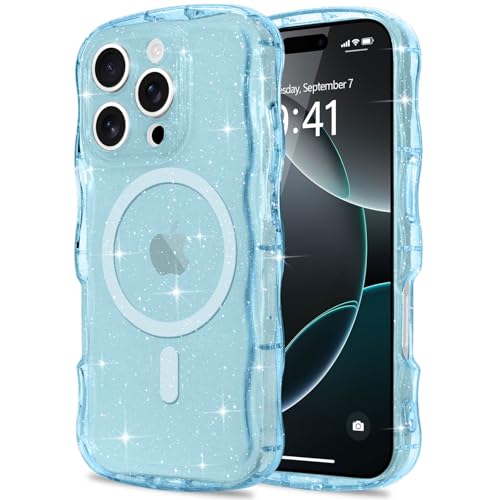 Pepmune Glitzer Handyhülle für iPhone 16 Pro Hülle Kompatibel mit MagSafe Transparent Wellenform Silikon Case Wellen Design TPU Bumper Stoßfest Schutzhülle für Mädchen für iPhone 16 Pro Blau Pepmune Glitzer Handyhülle für iPhone 16 Pro Hülle Kompatibel mit MagSafe Transparent Wellenform Silikon Case Wellen Design TPU Bumper Stoßfest Schutzhülle für Mädchen für iPhone 16 Pro Blau von Pepmune