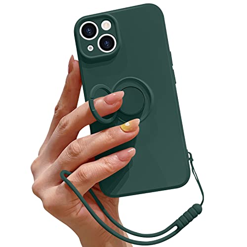 Pepmune Handykette für iPhone 15 Hülle Silikon mit 360 Grad Ring Halter Ständer Magnetischen Autohalterungen Handyhülle mit Band Kameraschutz Schutzhülle Case Cover für iPhone 15 Schwarzgrün von Pepmune