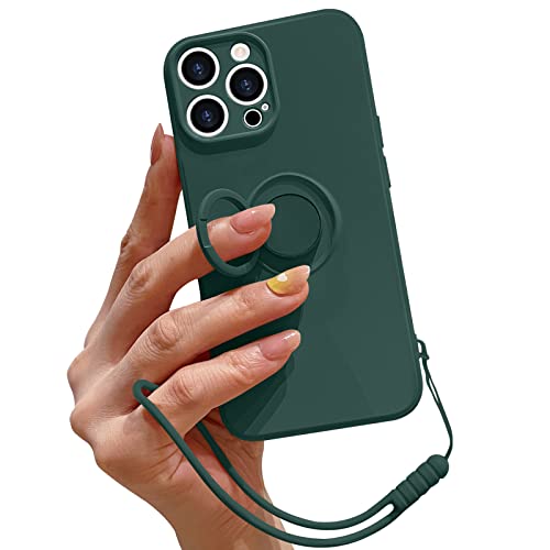 Pepmune Handykette für iPhone 15 Pro Hülle Silikon mit 360 Grad Ring Halter Ständer Magnetischen Autohalterungen Handyhülle mit Band Kameraschutz Schutzhülle Case Cover für iPhone 15 Pro Schwarzgrün von Pepmune