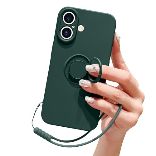 Pepmune Handykette für iPhone 16 Hülle Silikon mit 360 Grad Ring Halter Ständer Magnetischen Autohalterungen Handyhülle mit Band Kameraschutz Schutzhülle Case Cover für iPhone 16 Schwarzgrün von Pepmune