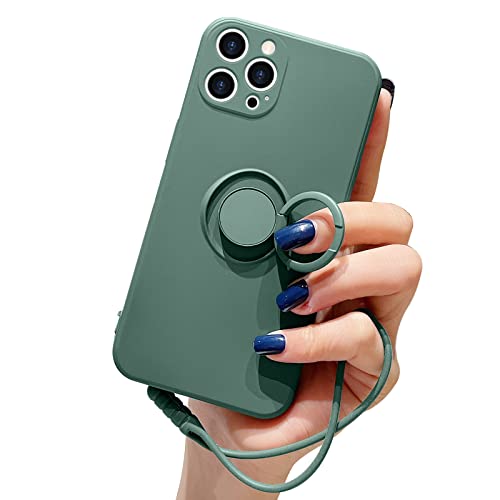 Pepmune Kompatibel mit iPhone 12 Pro Handyhülle Silikon Case mit Ring Halter Slim Liquid Silikon Hülle mit Lanyard Silikonhülle mit innem Microfaser Tuch Case Cover für iPhone 12 Pro, Schwarzgrün von Pepmune