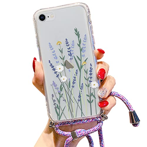 Pepmune Kompatibel mit iPhone 7 Plus/8 Plus Hülle mit Band Blumen Muster Transparent Handyhülle Durchsichtig Weich Silikon TPU Bumper Schutzhülle Case Cover für iPhone 7 Plus/8 Plus, Lila mit Band von Pepmune