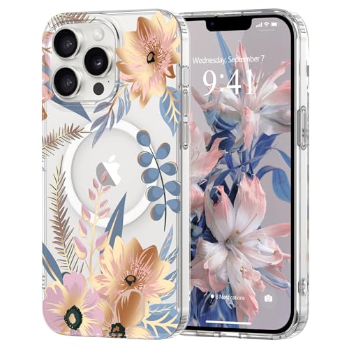 Pepmune Magnetisch Handyhülle für iPhone 13 Pro Hülle [Kompatibel mit Magsafe] Blumen Muster Transparent Case Durchsichtig Hard PC Silikon Bumper Stoßfest Schutzhülle für iPhone 13 Pro Rosa von Pepmune